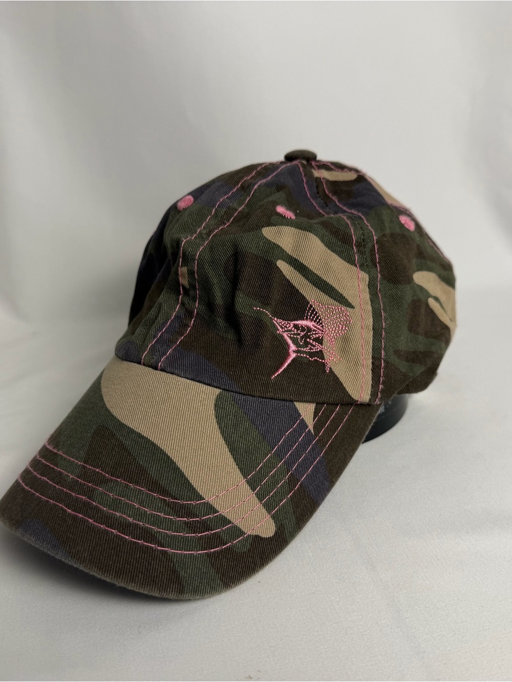 Guy Harvey Camouflage Baseball Cap with Pink Stitching and Fish Accent